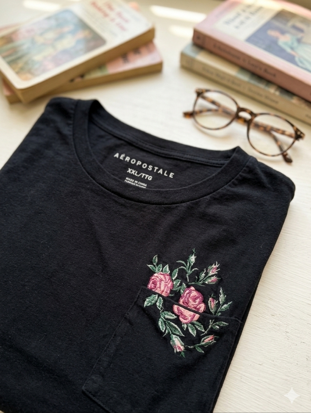 Aeropostale‎ XXL Rose Floral Embroidered Black Pocket Tee T-Shirt Cottagecore